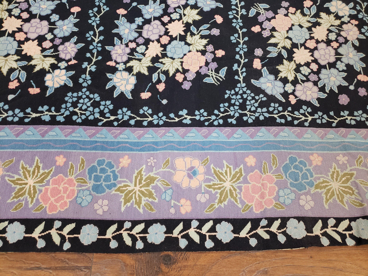 Chinese Needlepoint Rug Hand Woven Wool Vintage Floral Garden European Aubusson Design