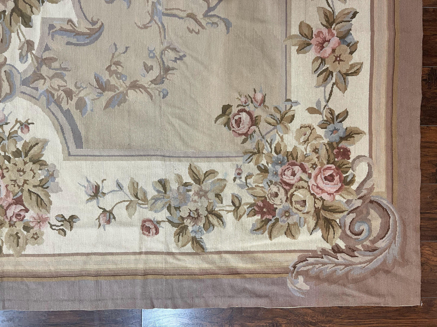 Aubusson Needlepoint Rug 9x12 Vintage Handmade Wool Beige Floral Roses European Elegant