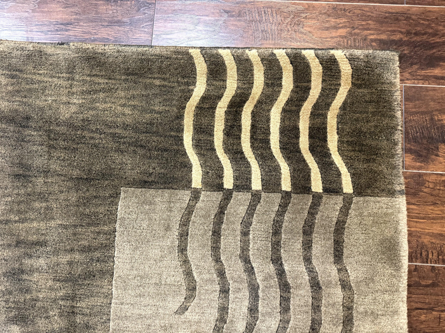 Modern Tibetan Wool Rug 3.6 x 5.6, Shades of Green, Abstract Design