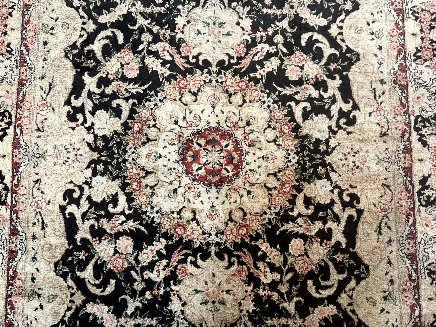 Indian Kashmiri Silk Rug, Floral Medallion, Vintage Hand Knotted Carpet