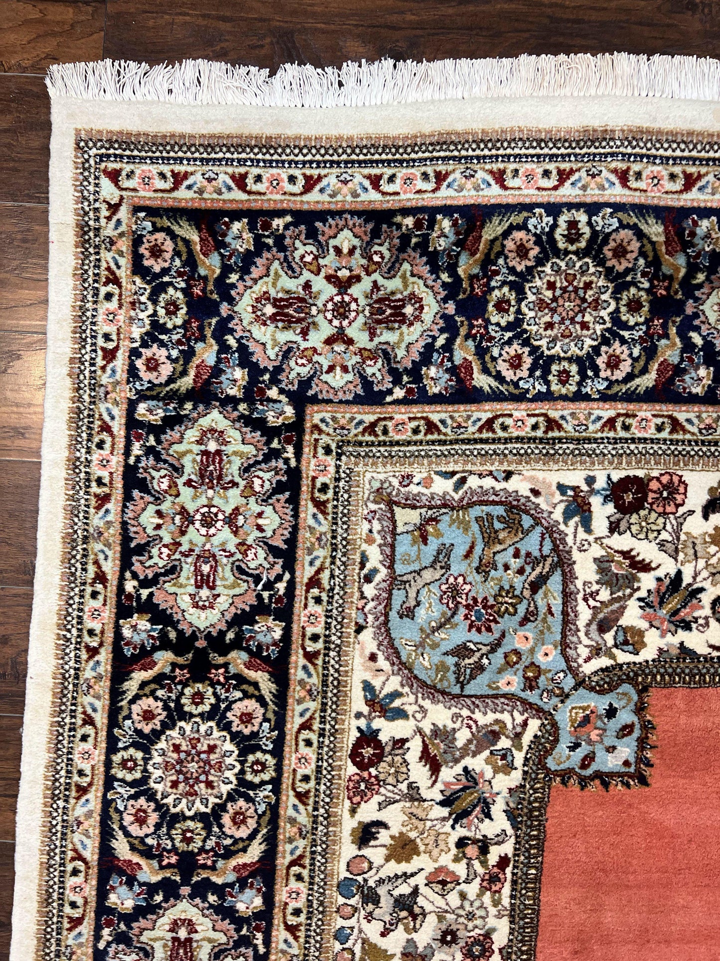 Persian Tabriz Rug 10x13, Wool Hand Knotted Vintage Carpet, Salmon Red & Ivory, Semi Open Field, Birds & Animal Motifs, Large Rug