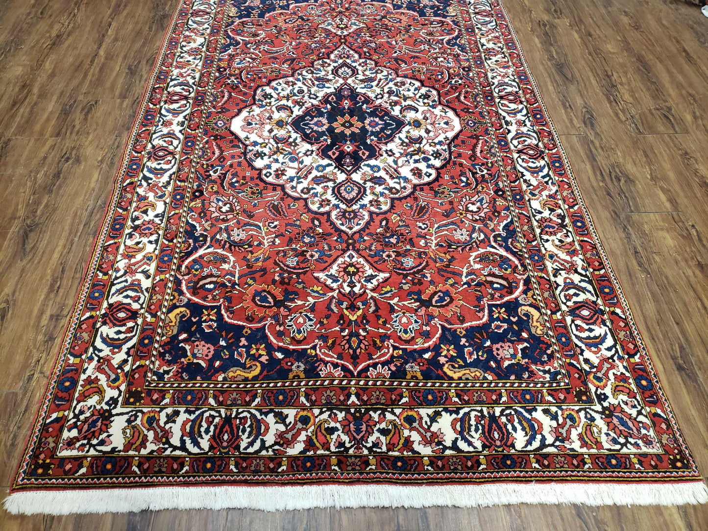 Semi Antique Persian Bakhtiari Rug, Hand-Knotted, Wool, Red, Midnight Blue, Ivory, Floral Medallion, 5'1" x 8' 6"