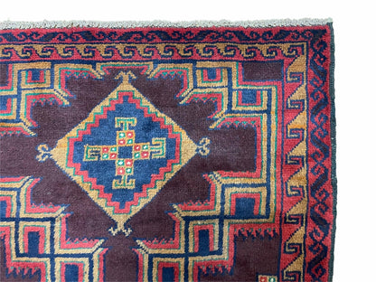 Balouchi Wool Rug Vintage Handmade Afghan Tribal Geometric 2ft11in By 4ft6in