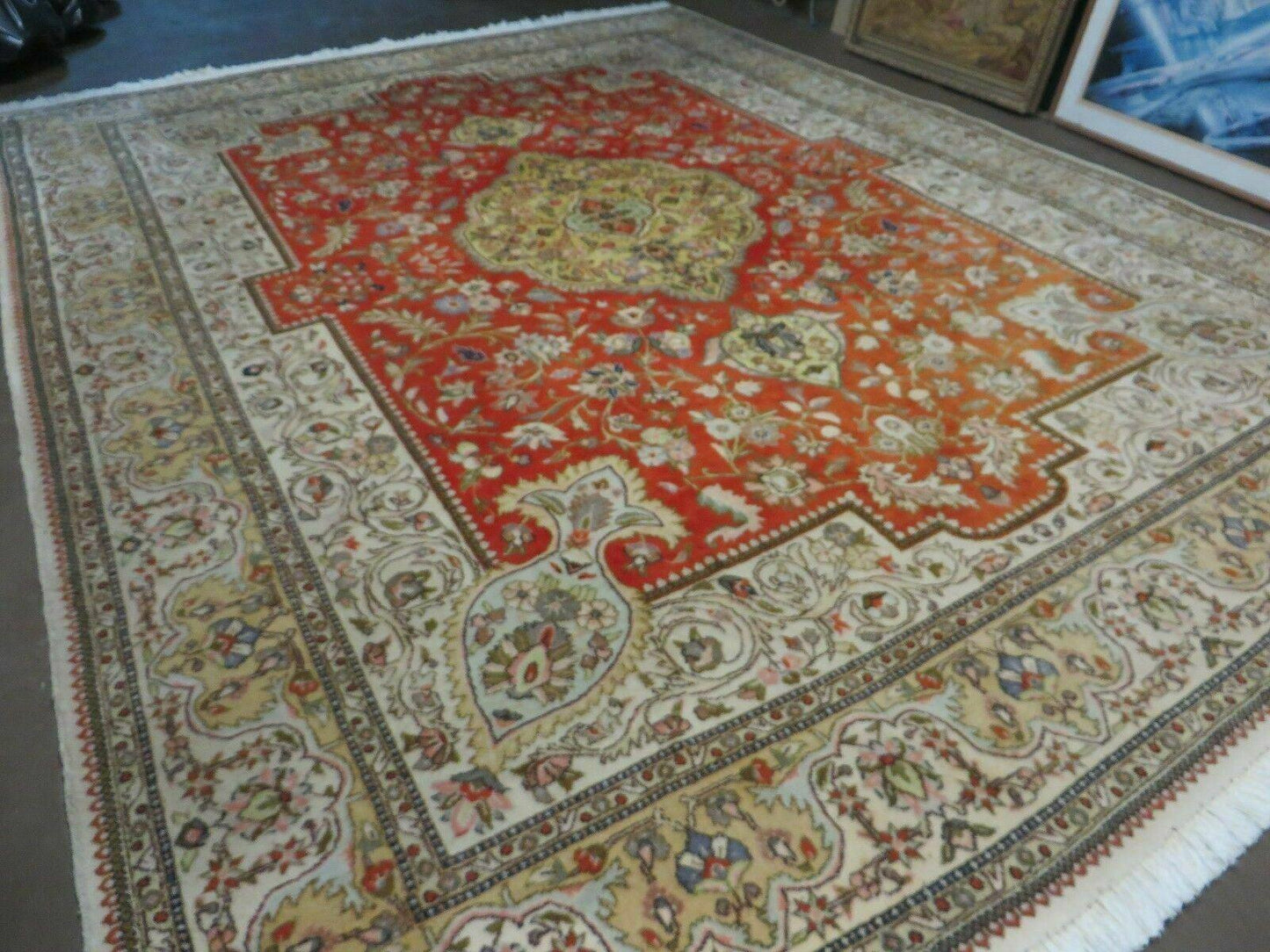 Vintage Persian Tabriz Rug 9x12 Hand Knotted Wool Floral Medallion