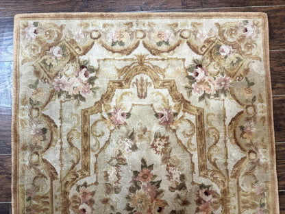 Handmade Chinese Aubusson Rug 3.6 x 5 Beige and Gold Vintage European Design