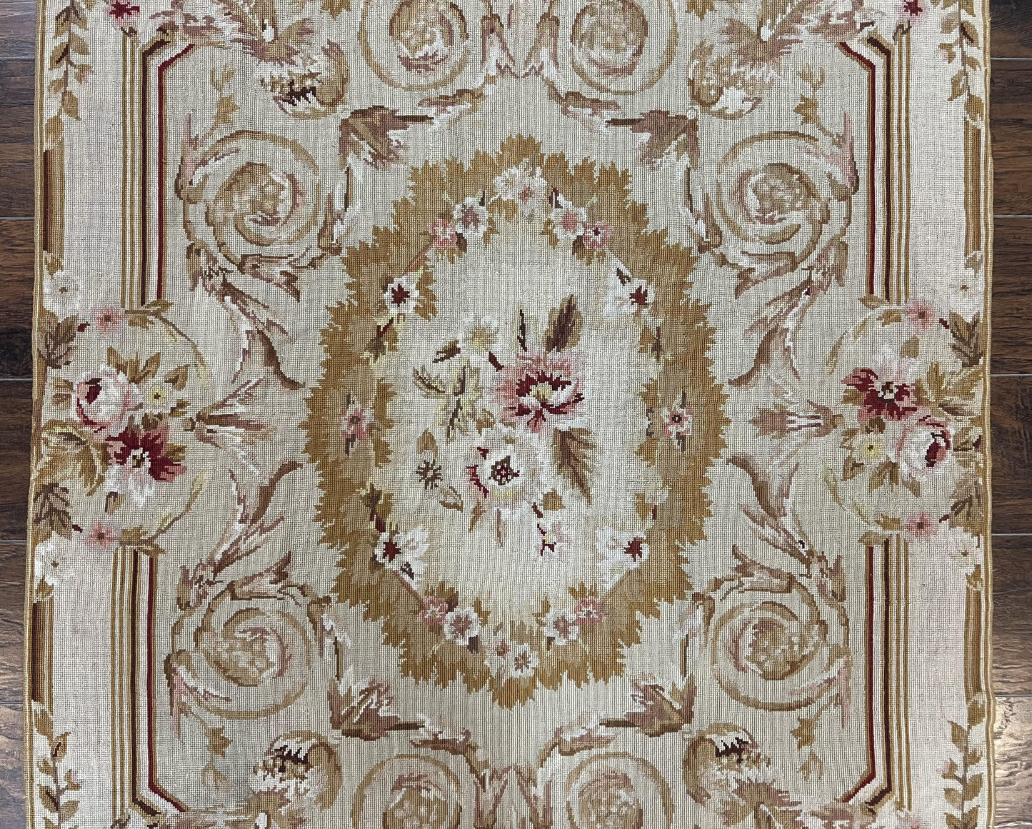 Aubusson Needlepoint Rug 4x5 Ft Beige Tan Vintage Wool Floral Rose European Design
