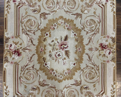 Aubusson Needlepoint Rug 4x5 Ft Beige Tan Vintage Wool Floral Rose European Design