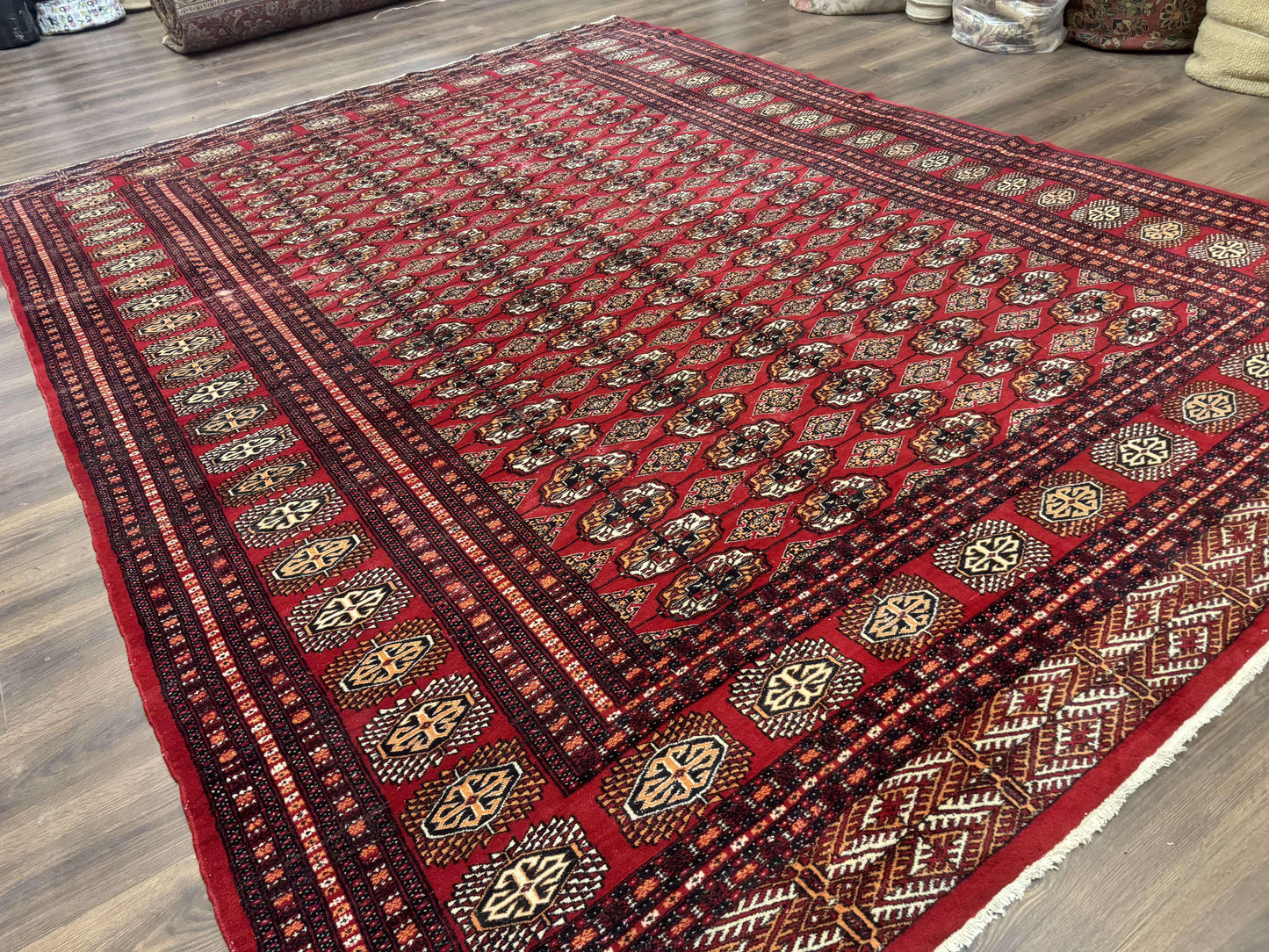 Bokhara Rug 9x12 Handmade Wool Turkoman Area Rug Red Tribal Carpet