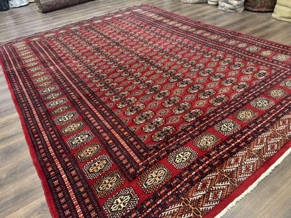 Bokhara Rug 9x12 Handmade Wool Turkoman Area Rug Red Tribal Carpet