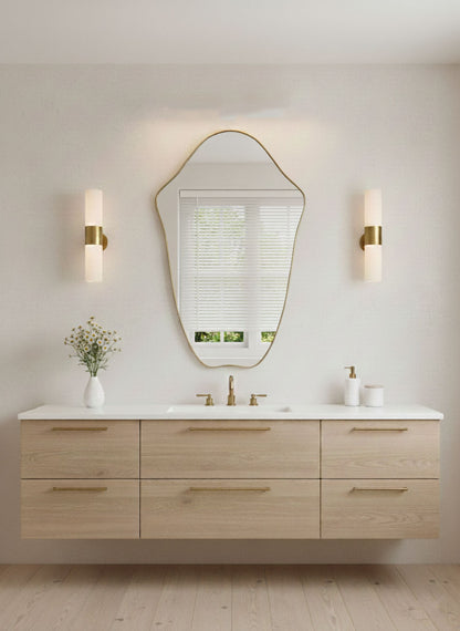 Organic Crest Edge mirror above floating wood bathroom vanity