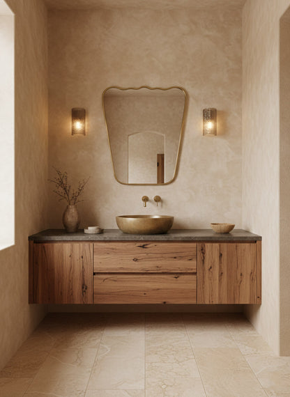 Bathroom with wooden vanity, round mirror, and wall lights.