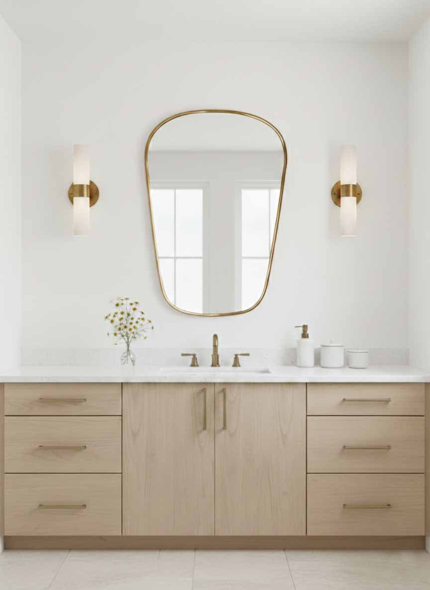 Modern brass wall mirror in bright minimalist bathroom