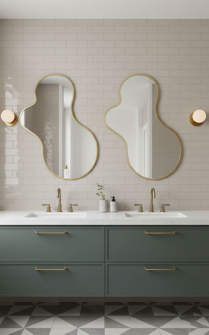 Pair of amoeba brass mirrors above double vanity sinks