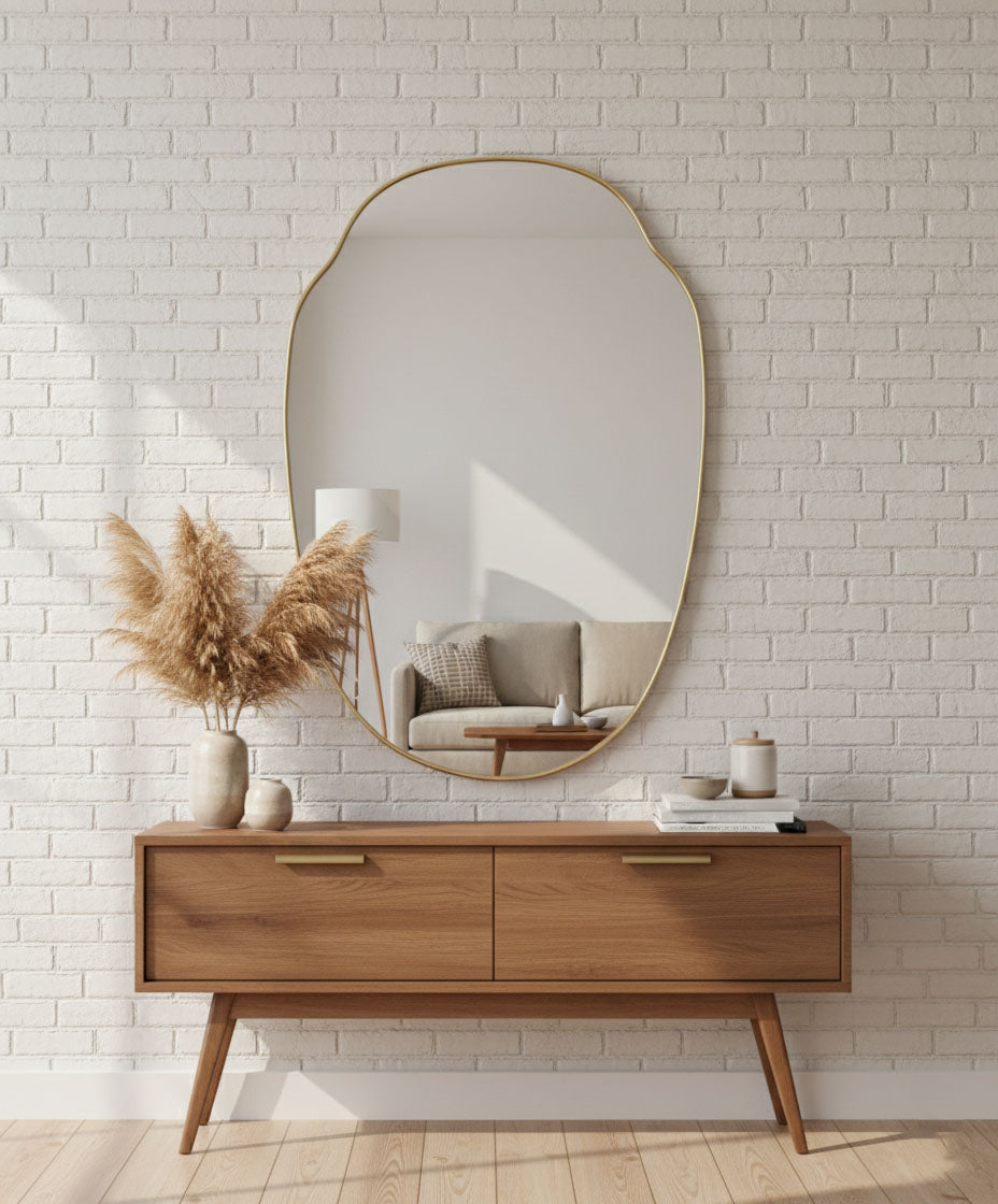 Minimal oval brass mirror