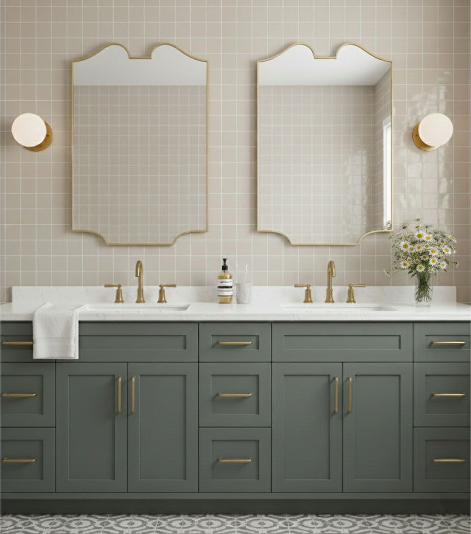 Pair of twin-curve crest mirrors above double vanity