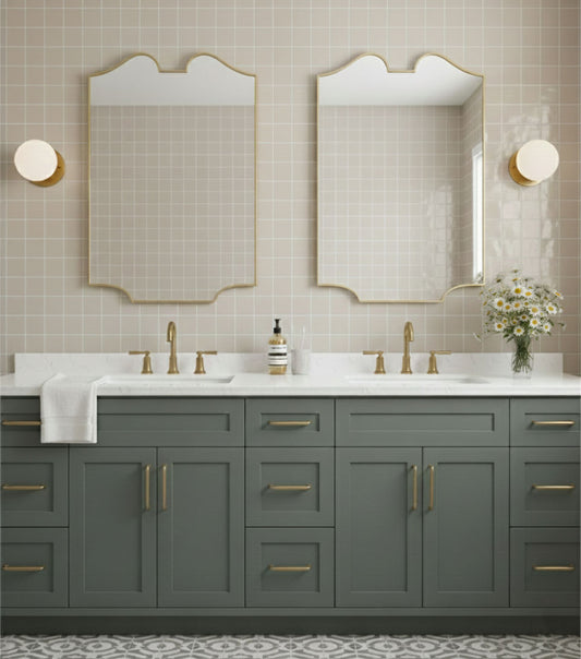 Pair of twin-curve crest mirrors above double vanity