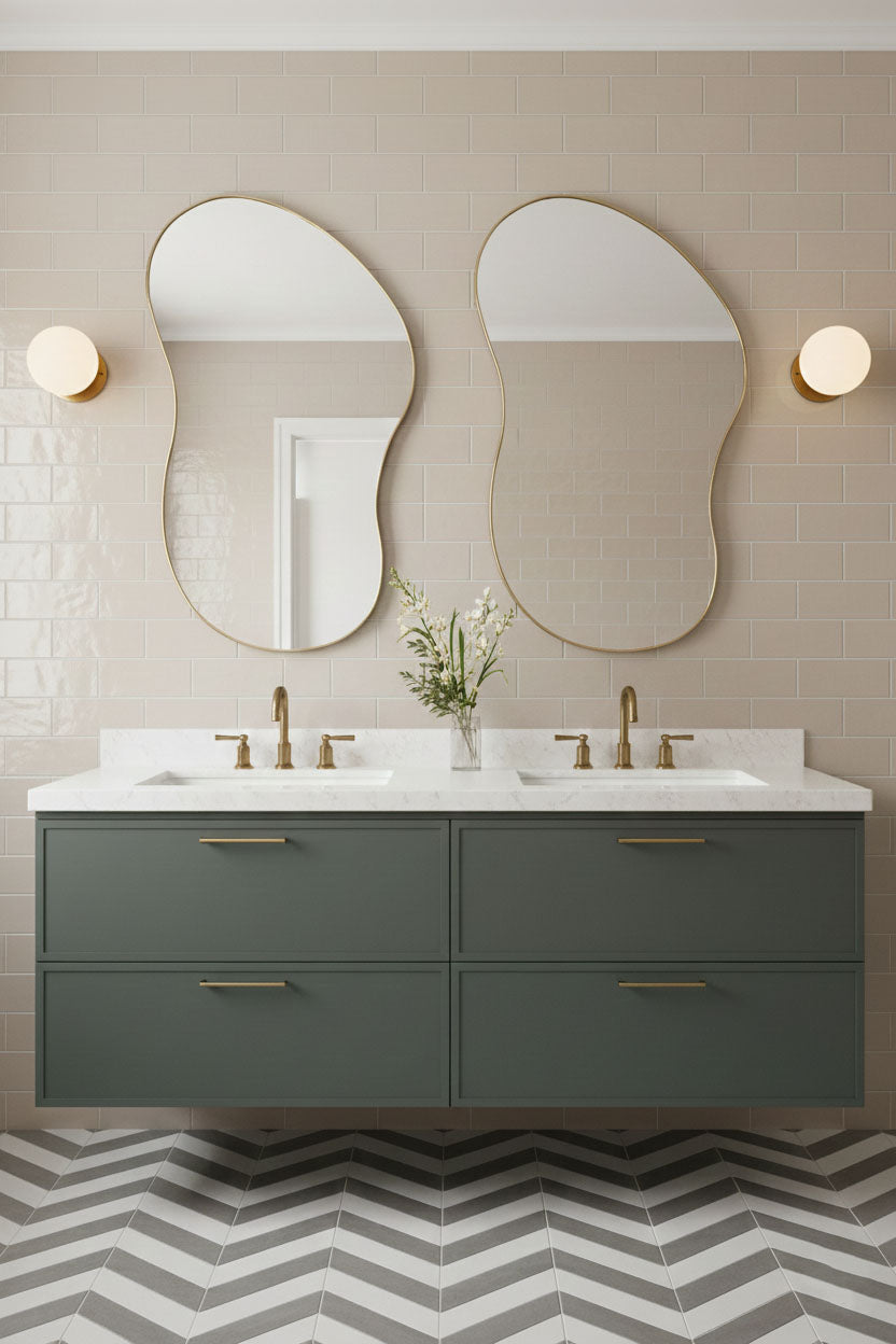 Pair of artisan freeform brass mirrors in double vanity bathroom