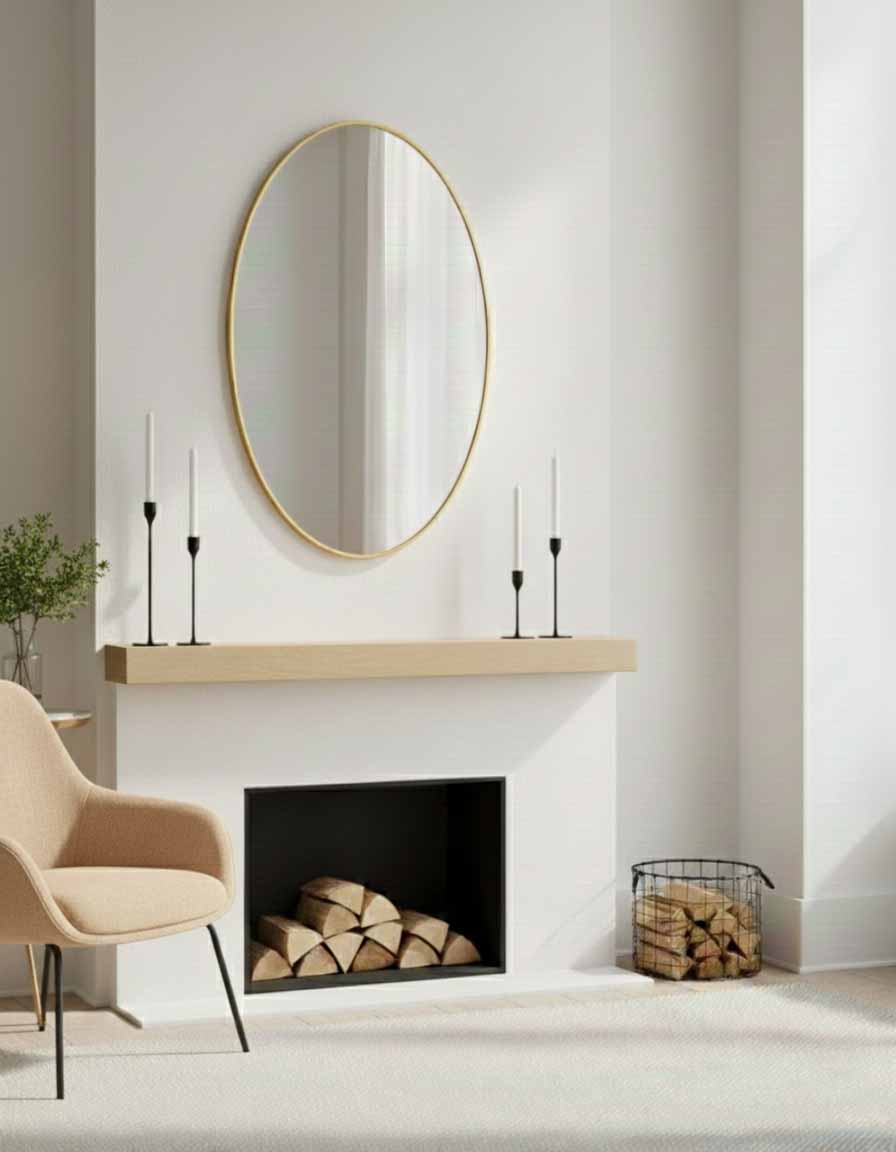 Oval brass wall mirror above modern fireplace
