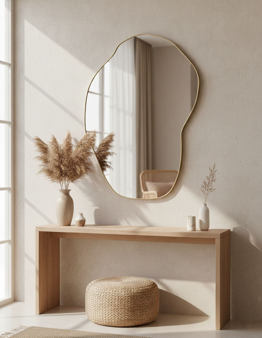 Organic brass pebble mirror styled in minimalist entryway