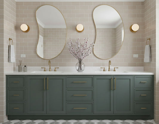 Pair of bean curve brass mirrors over double bathroom vanity