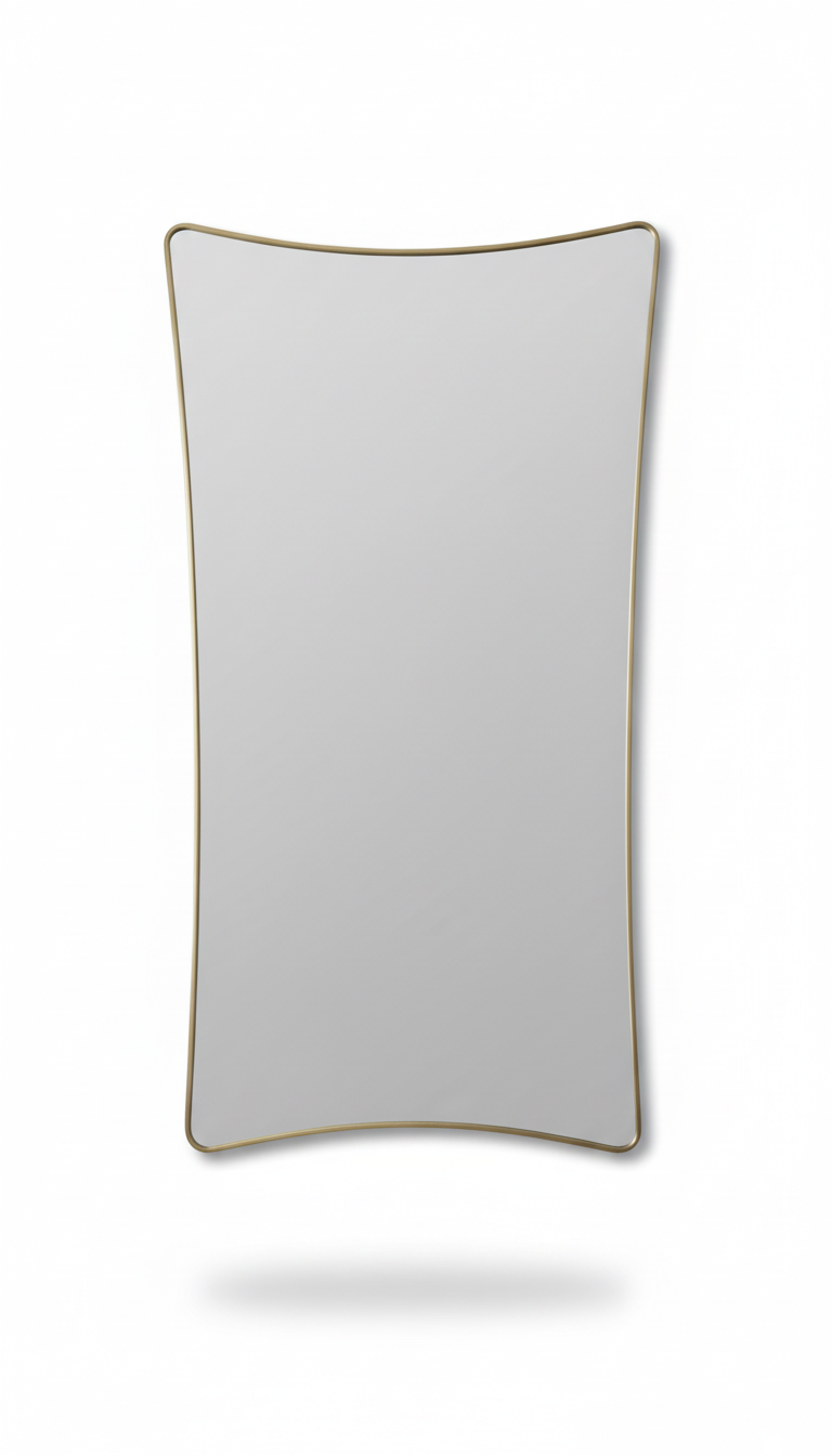 Handmade S-curve rectangle brass mirror on white background