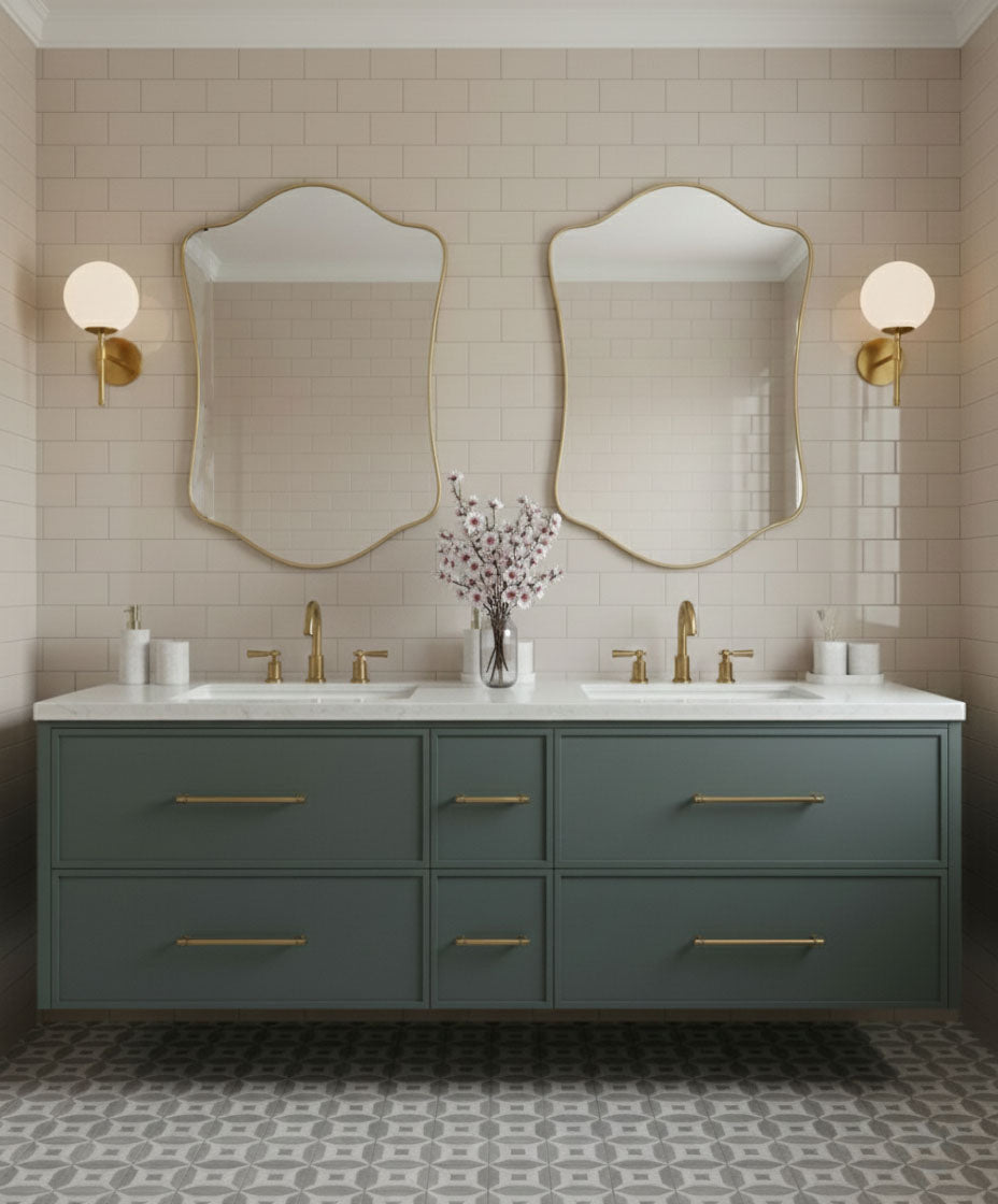 Pair of wavy shield mirrors over double vanity