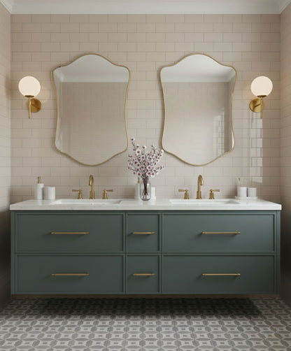 Pair of wavy shield mirrors over double vanity
