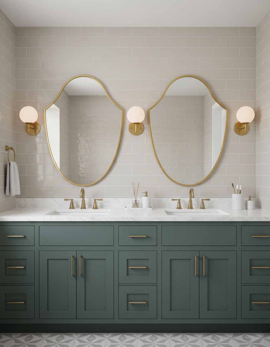 Pair of Italian shield brass mirrors over double vanity
