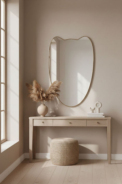 Organic Double-Petal Crest mirror styled in neutral entryway interior