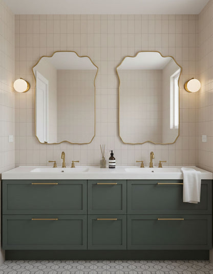 Pair of soft crest brass mirrors over double sink vanity