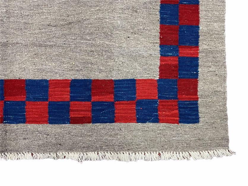 Geometric Kilim Rug Handmade Wool Hand Knotted Gray Blue Red Checkerboard