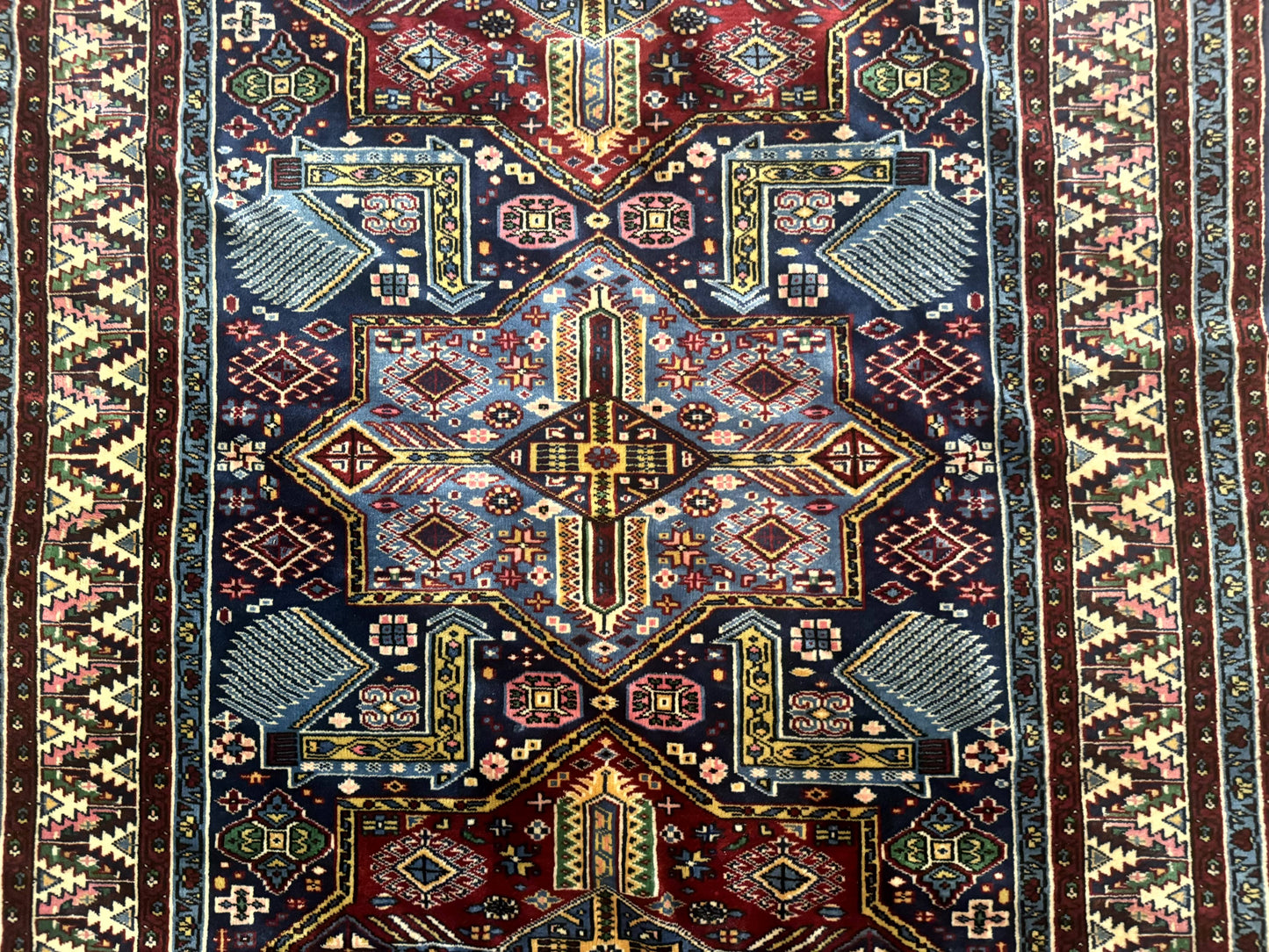 Indian Rug with Caucasian Design, 4x6 Geometric Carpet, Navy Blue and Cream