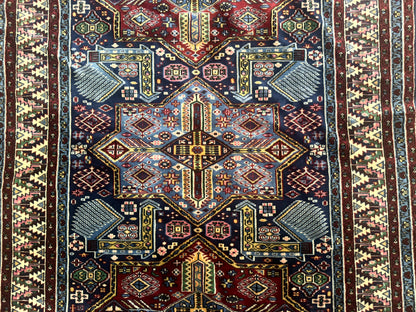 Indian Rug with Caucasian Design, 4x6 Geometric Carpet, Navy Blue and Cream