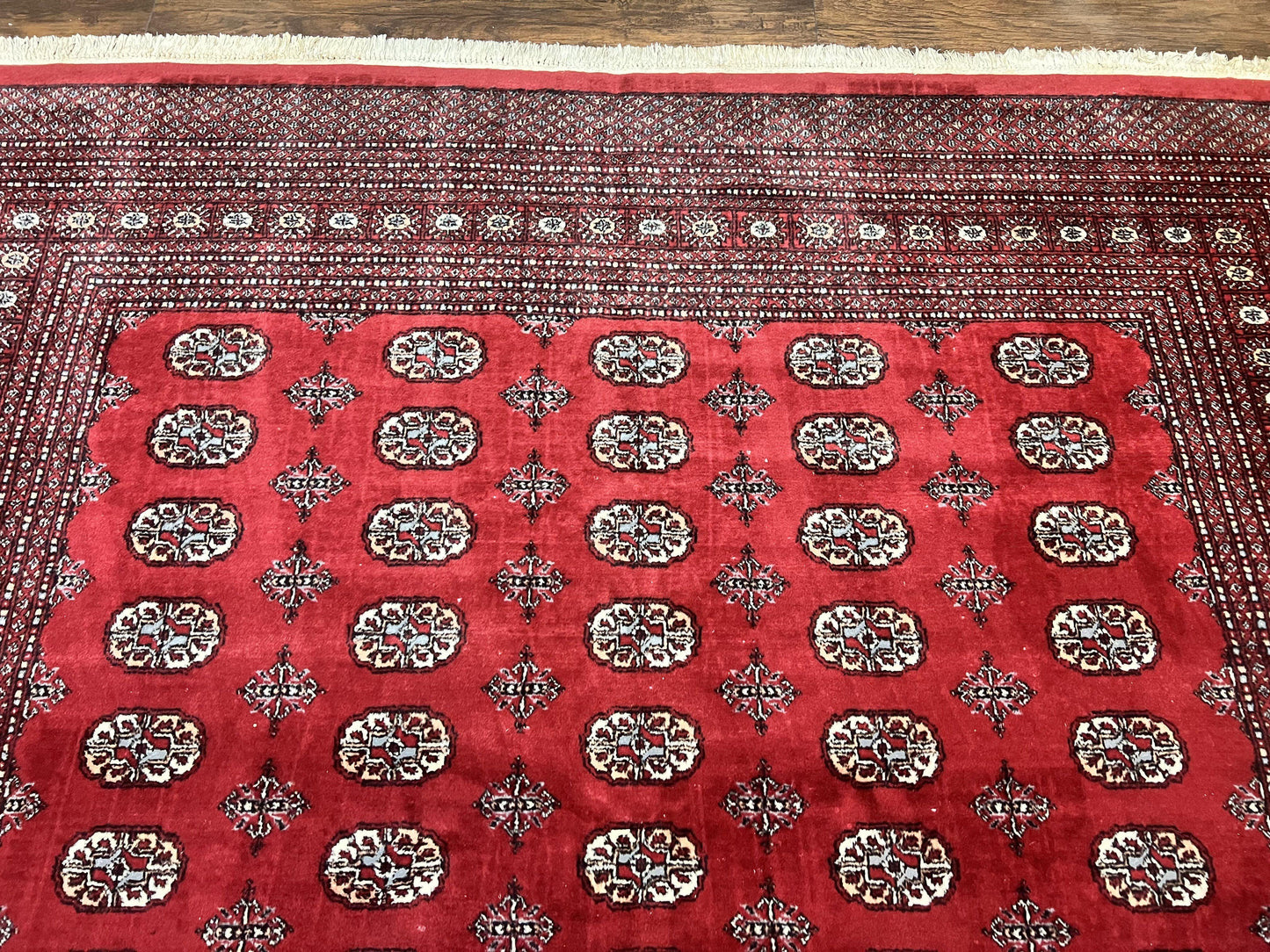 Turkoman Rug 8 x 11.6 Red Bokhara Pakistani Wool Handmade Vintage Carpet