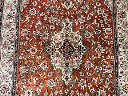 Persian Qum Silk Rug 5x7 Floral Medallion Birds Orange Red Hand Knotted