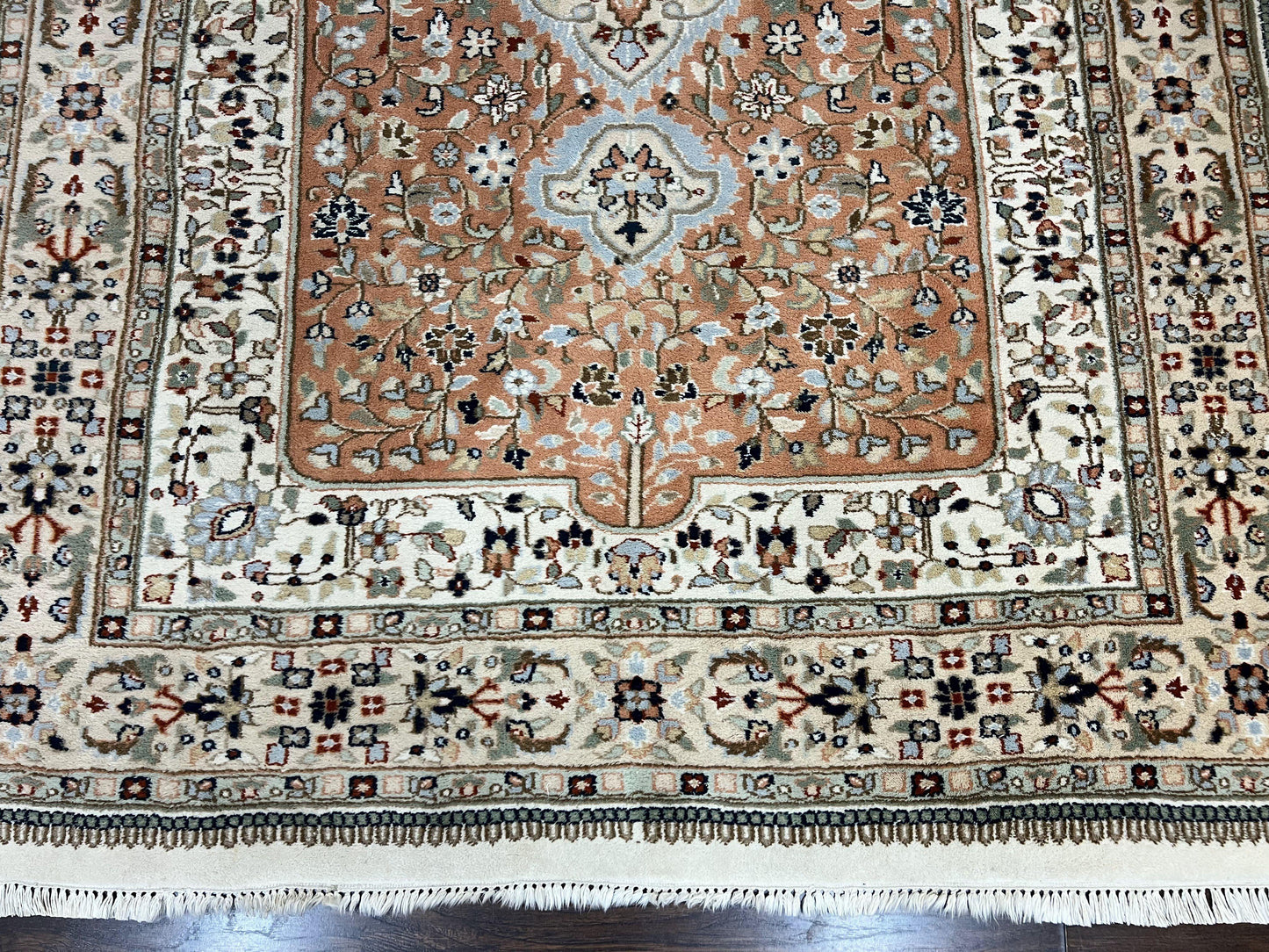 Indo Persian Rug 6x9, Wool Hand Knotted Vintage Carpet, Salmon & Ivory, Traditional Oriental Rug 6 x 9