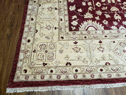 Pakistani Peshawar Rug 10x14, Handmade Chobi Carpet, Maroon & Beige