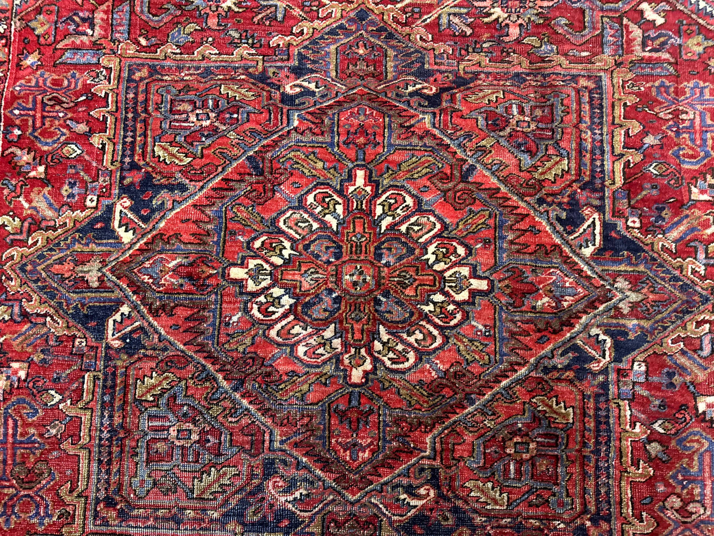 Persian Heriz Rug 7x10, Geometric Pattern, Red Ivory Navy Blue