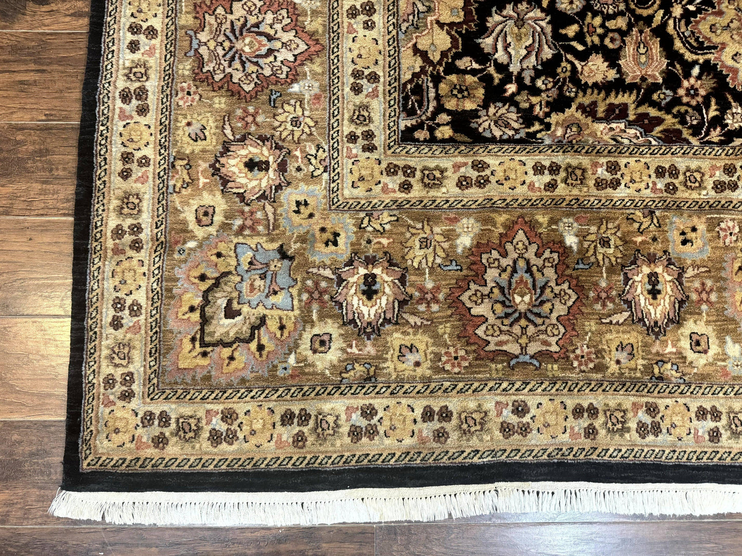 Indo Persian Rug 9x12, Floral Allover, Midnight Blue, Handmade Vintage Wool Oriental Carpet