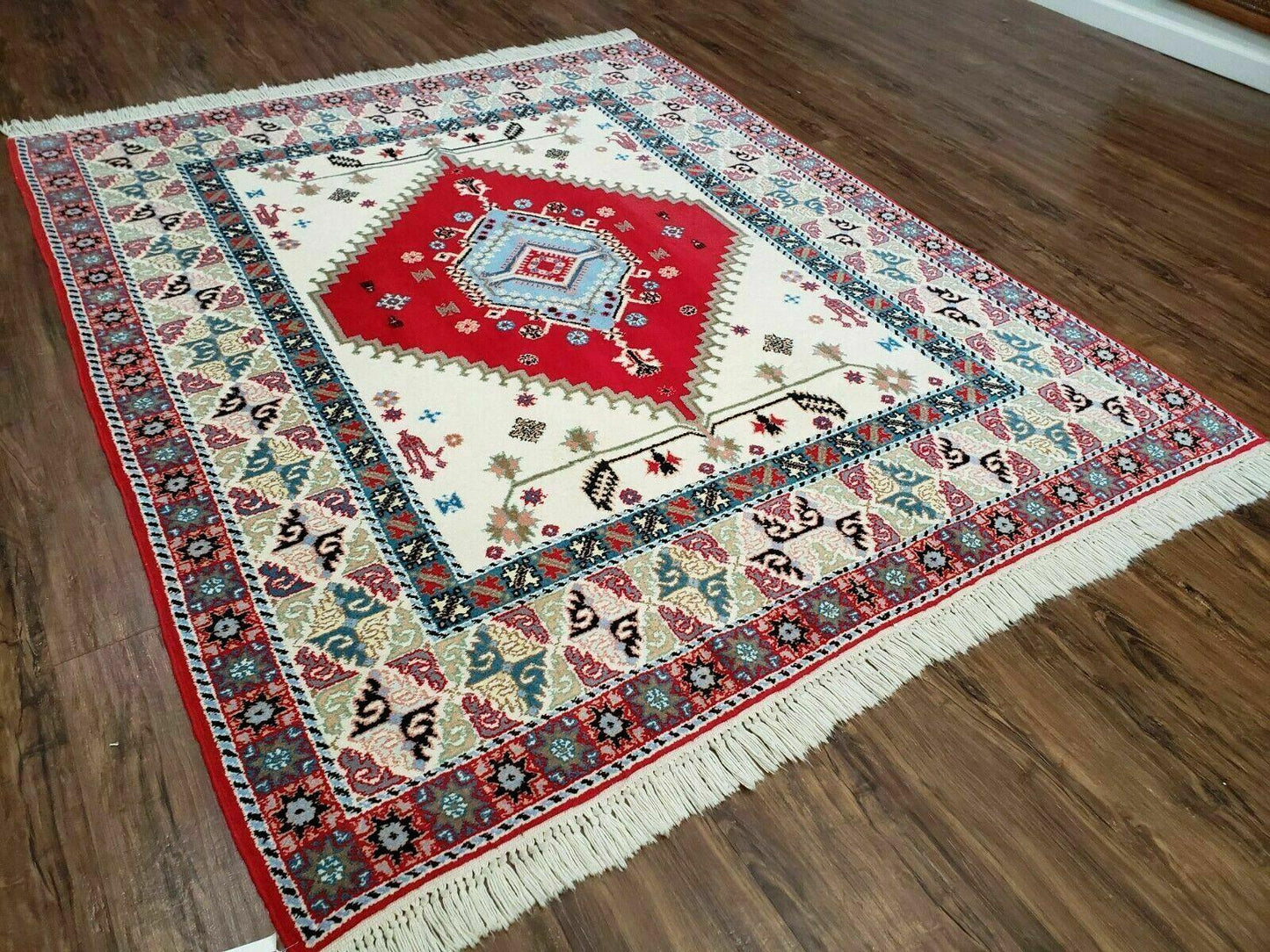 Vintage Moroccan Carpet 5x7 Area Rug, Berber Rug, Handmade Soft Wool Rug, Red Ivory and Blue, Geometric Medallion Rug, Bohemian Rug, Nice