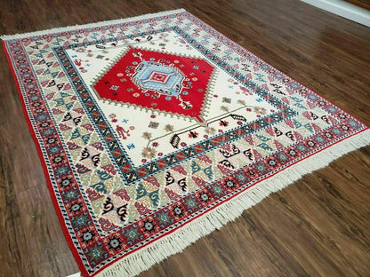 Vintage Moroccan Carpet 5x7 Area Rug, Berber Rug, Handmade Soft Wool Rug, Red Ivory and Blue, Geometric Medallion Rug, Bohemian Rug, Nice