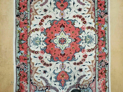 Small Vintage Persian Tabriz Wool and Silk Rug 2.5 x 4 ft, Very Finely Hand Knotted, Medallion, Ivory Salmon Light Blue, Top Quality, Pair B