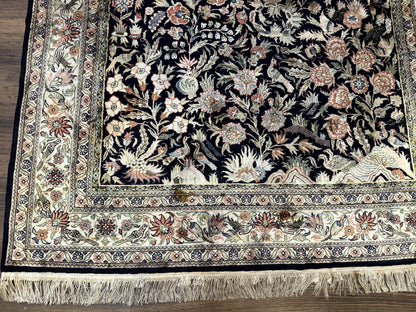 Silk Rug 4x6 Vintage Hand Knotted Tree of Life Black Cream Floral Bird Pictorial Sino Persian