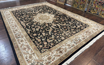 Sino Persian Rug 9x12, Floral Medallion, Black and Ivory, Elegant