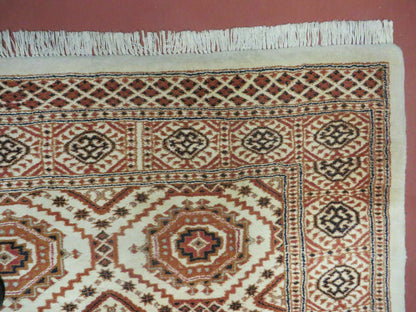 Vintage Turkoman Bokhara Wool Rug 4x7 Handmade Pakistani Ivory