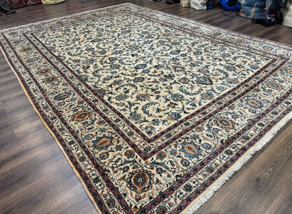 Persian Kashan Rug 10x14, Bone - Beige and Blue, Allover Pattern, Traditional Persian Carpet, Fine 260 KPSI