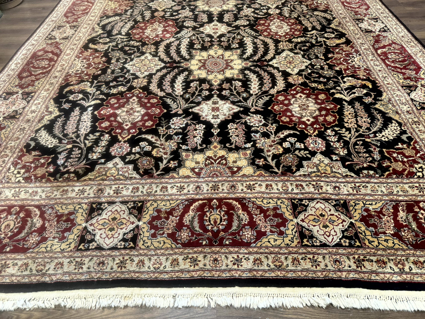 Sino Persian Rug 9x12 Wool Silk Handmade Allover Pattern Black Maroon