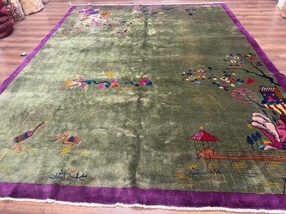 Antique Chinese Nichols Rug 9x12 Rare Green and Purple Art Deco Carpet