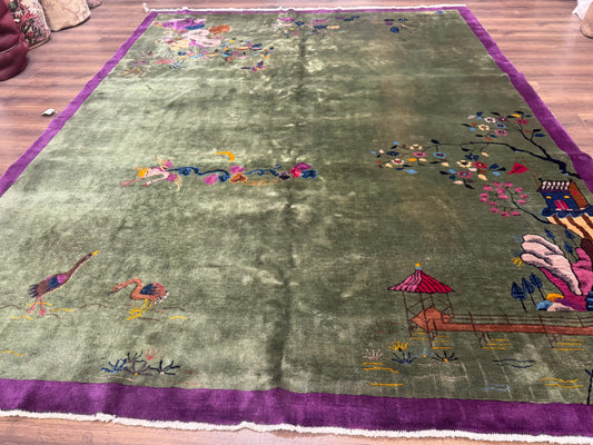 Antique Chinese Nichols Rug 9x12 Rare Green and Purple Art Deco Carpet