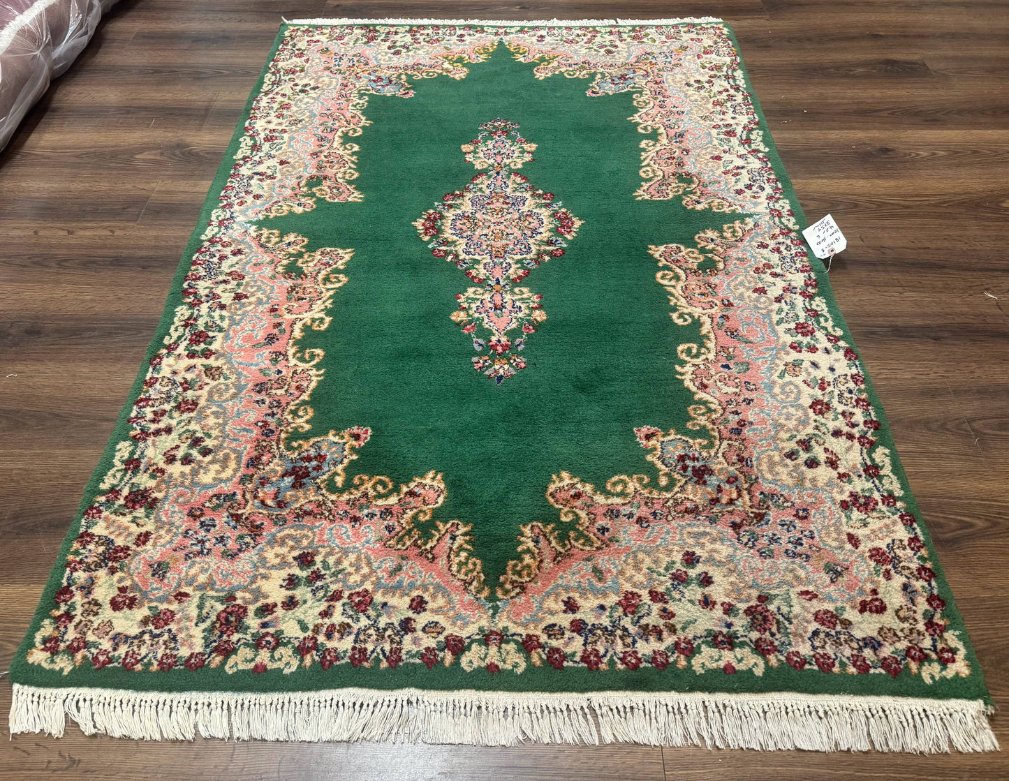 Green Persian Kerman Rug 4x6 Vintage Semi Open Field With Cream Borders